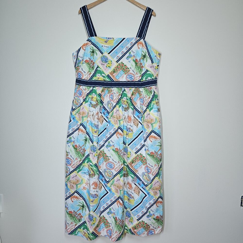 Talbots Dress Sz 16W Modern Poplin Fit & Flare Summer Vista Midi Coastal Cruise